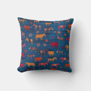 Vintage Blue Kilim Rug Pillows: Animals Throw Pillow