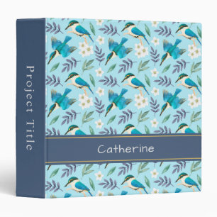 Vintage Blue Kingfisher Birds Floral Pattern Name Binder