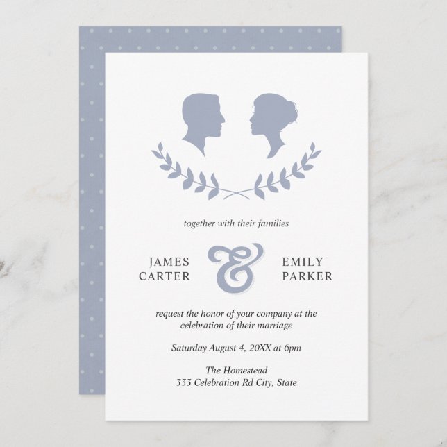 Vintage Blue Laurel Bride Groom Silhouette Wedding Invitation (Front/Back)