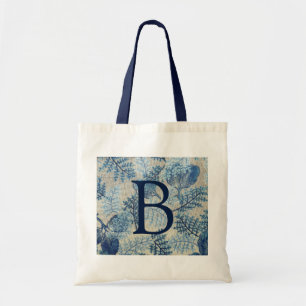 Vintage Blue Leaf Pattern Blue Monogram Tote Bag
