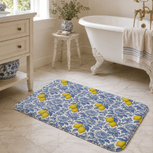 Vintage Blue Lemon Botanical Pattern Bath Mat