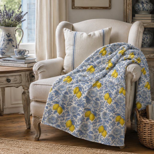 Vintage Blue Lemon Botanical Pattern Fleece Blanket (Creator Uploaded)