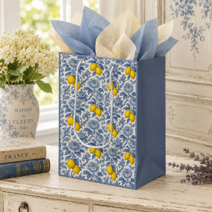 Vintage Blue Lemon Botanical Pattern Medium Gift Bag