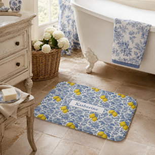 Vintage Blue Lemon Botanical Pattern Name Bath Mat