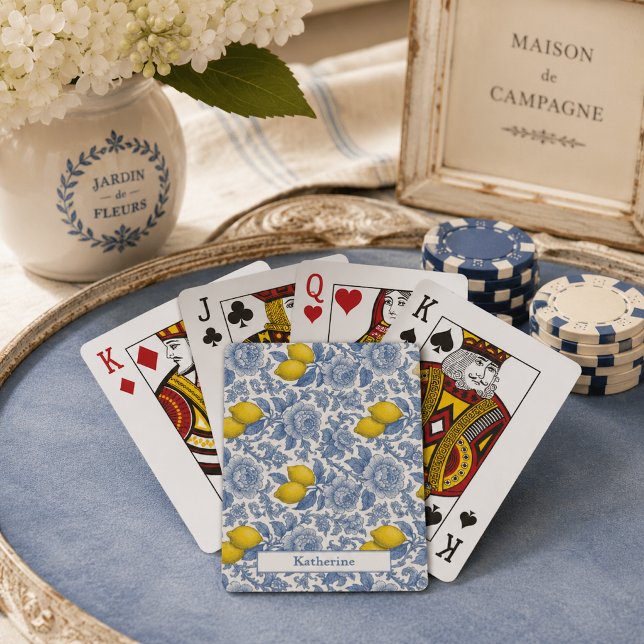 Vintage Blue Lemon Botanical Pattern Name Playing Cards (Creator Uploaded)