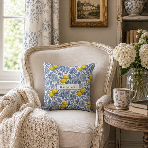 Vintage Blue Lemon Botanical Pattern Name Throw Pillow