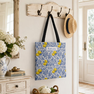 Vintage Blue Lemon Botanical Pattern Name Tote Bag