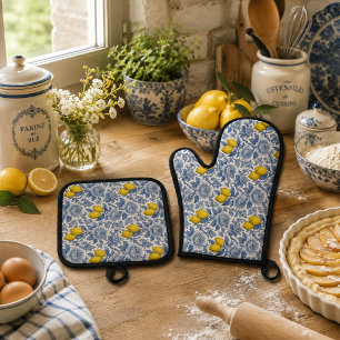 Vintage Blue Lemon Botanical Pattern Oven Mitt & Pot Holder Set