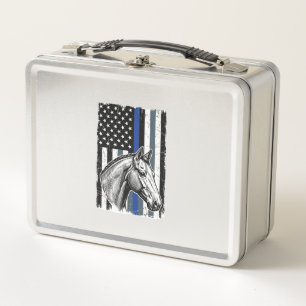 Vintage Blue Line Horse Flag Vector Design Metal Lunch Box