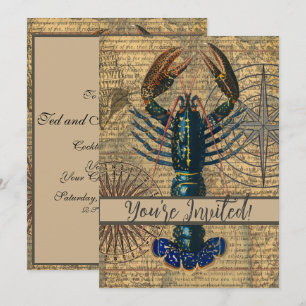 Vintage Blue Lobster Map Collage: Nautical Coastal Invitation