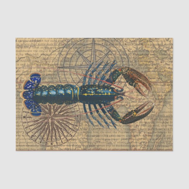 Vintage Blue Lobster Map Collage: Nautical Coastal Tissue Paper (Front)