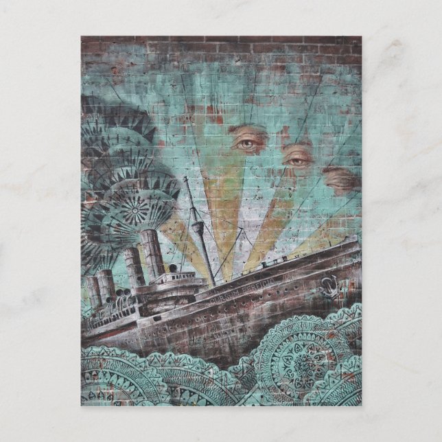 Vintage Blue Maritime Graffiti Postcard (Front)