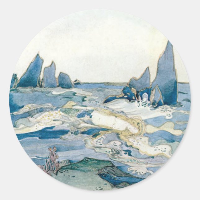 VINTAGE BLUE MERMAID OCEAN PRINT CLASSIC ROUND STICKER (Front)