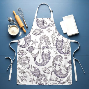 Vintage Blue Mermaid & Sea Life Pattern Apron