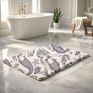 Vintage Blue Mermaid & Sea Life Pattern Bath Mat