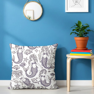 Vintage Blue Mermaid & Sea Life Pattern Throw Pillow