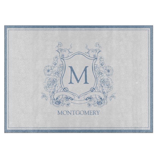 Vintage Blue Monogram Crest Cutting Board (Front)