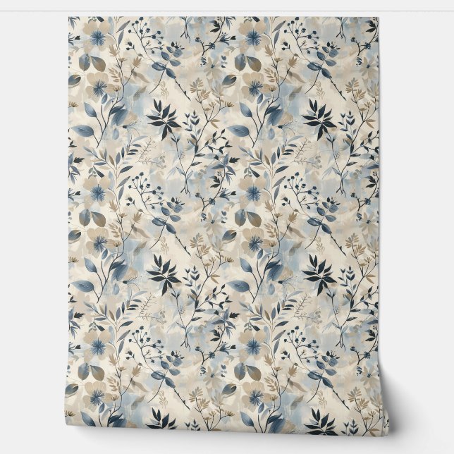 Vintage Blue Neutral Floral Wallpaper (Unrolling)