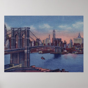 Vintage Blue New York City Night Artwork Poster