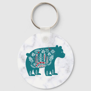 Vintage Blue Nordic Bear on Marble Holiday Keychain