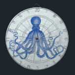Vintage Blue Octopus with Anchors Dartboard<br><div class="desc">This beautiful antique octopus drawing* from the 19th Century has been recolored blue and placed on a pretty grey-blue distressed / grunge background with a faint anchor pattern. The result is an original dartboard to match your nautical and beach theme home decor. The fancy, Victorian octopus has plenty of waving...</div>