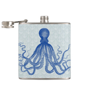 Vintage Blue Octopus with Anchors Hip Flask
