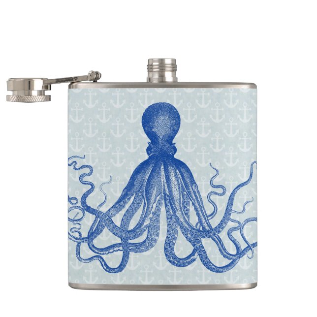 Vintage Blue Octopus with Anchors Hip Flask (Opened)
