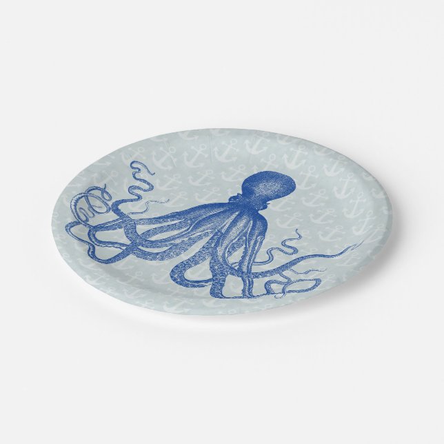 Vintage Blue Octopus with Anchors Paper Plate (Angled)