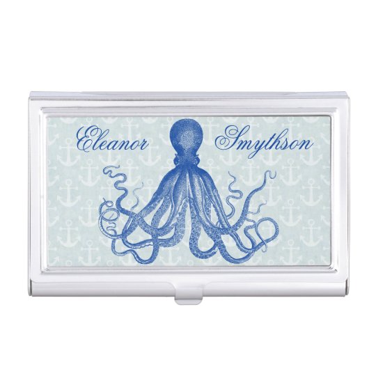 Vintage Blue Octopus with Anchors Personalized Business Card Holder