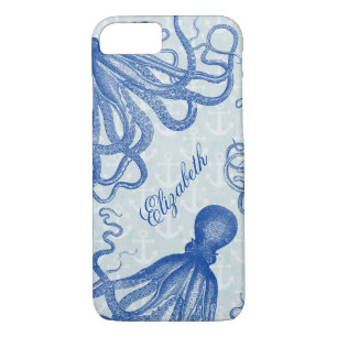 Vintage Blue Octopus with Anchors Personalized Case-Mate iPhone Case