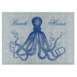 Vintage Blue Octopus with Anchors Personalized Cutting Board