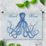 Vintage Blue Octopus with Anchors Personalized Kitchen Towel<br><div class="desc">This beautiful antique octopus drawing* from the 19th Century has been recolored blue and placed on a pretty grey-blue distressed / grunge background with a faint anchor pattern. The result is an original collage design to match your nautical and beach theme decor. The Victorian octopus has plenty of waving tentacles....</div>