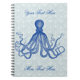Vintage Blue Octopus with Anchors Personalized Notebook