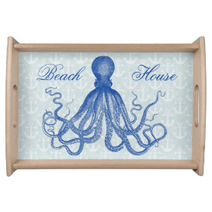 Vintage Blue Octopus with Anchors Serving Tray