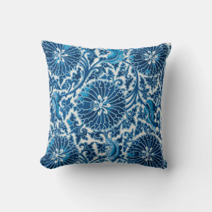 Vintage Blue Ornamental Floral Pattern Throw Pillow