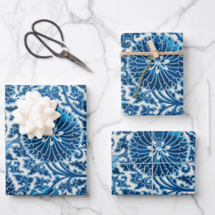 Vintage Blue Ornamental Floral Pattern Wrapping Paper Sheet