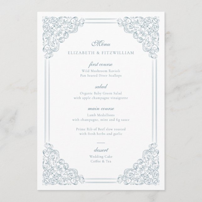 Vintage Blue Ornamental Frame Elegant Script  Menu (Front)
