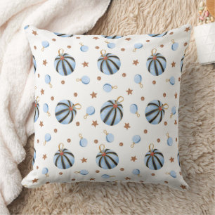 Vintage Blue Ornaments & Golden Stars Pattern Throw Pillow