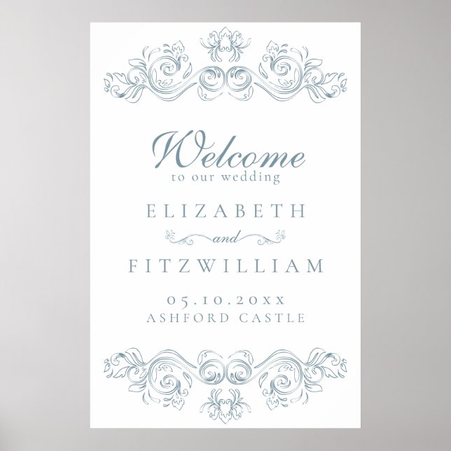 Vintage Blue Ornate Frame Wedding Welcome  Poster (Front)