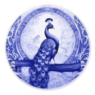 Vintage Blue Peacock Bird Art Nouveau Art Deco Ceramic Knob
