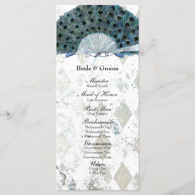 Vintage Blue Peacock Fan Wedding Program (Front)