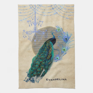 Vintage Blue Peacock Feathers Chandelier  Kitchen Towel