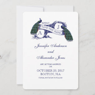 Vintage Blue Peacock Save the Date Card