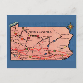 Vintage Blue Pennsylvania Map Postcard