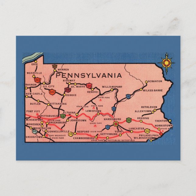 Vintage Blue Pennsylvania Map  Postcard (Front)