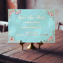 Vintage Blue Peony Foil Save The Date Card