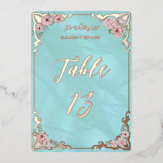Vintage Blue Peony Foil Table Number Card