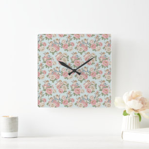 Vintage Blue & Pink Coquette Cherub Angel Rose Square Wall Clock