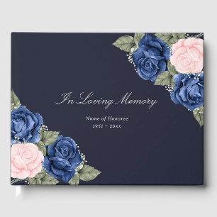 Vintage Blue Pink Floral Memorial Funeral Guest Book