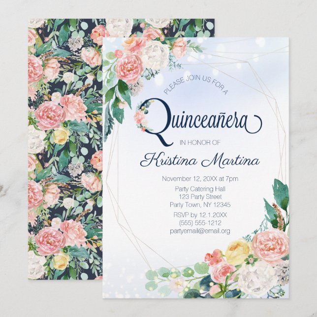 Vintage Blue Pink Floral Quinceanera Birthday Invitation (Front/Back)
